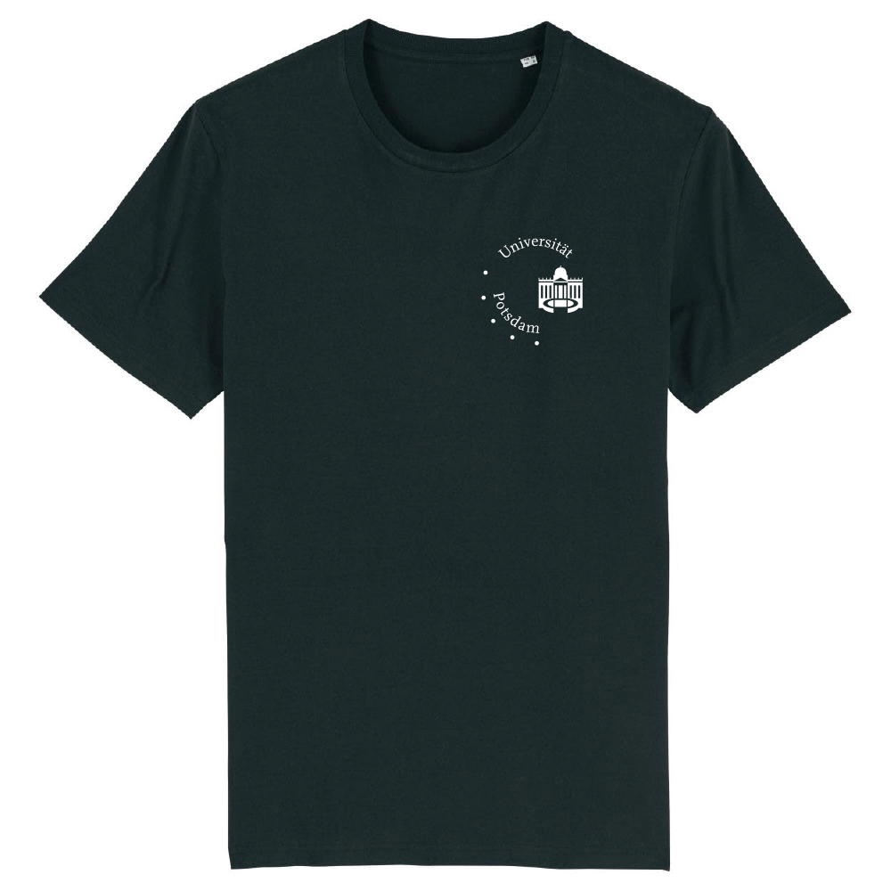 T-shirt-logo-schwarz. Abgebildet ist ein Logo T-shirt in der Farbe schwarz. Oben links auf dem T-shirt befindet sich das weiße Universitätslogo.