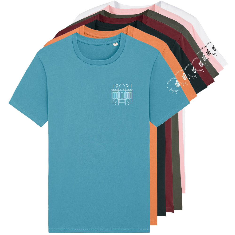 Abgebildet sind diverse Design D T-shirts in den Farben blau, orange, schwarz,  burgundy, kaki, rosa und weiß.