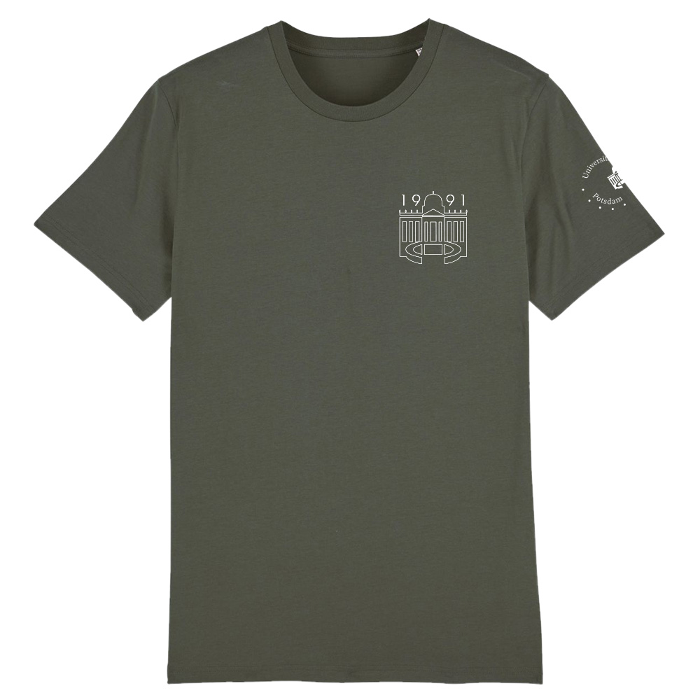T-shirt Design D. Abgebildet ist ein schwarzes Design D T-shirt. An dem linken Ärmel befindet sich zusätzlich das Universitätslogo.