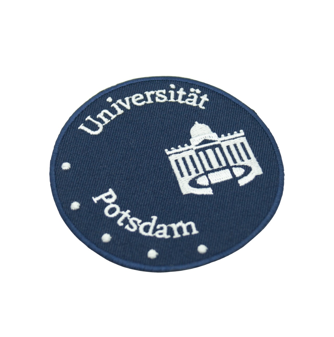 kreisrunder, dunkelblauer Aufnäher mit dem Logo er Universität Potsdam