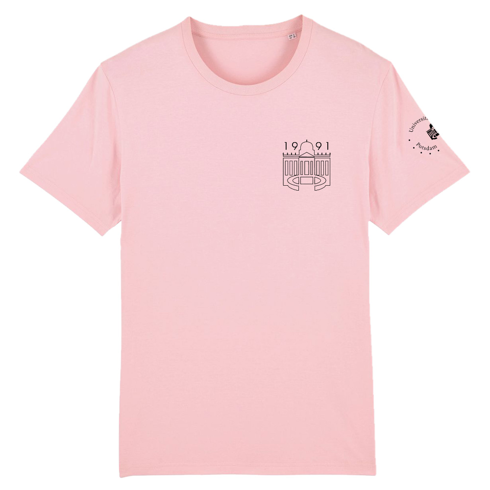 T-shirt Design D. Abgebildet ist ein rosafarbenes Design D T-shirt. An dem linken Ärmel befindet sich zusätzlich das Universitätslogo.