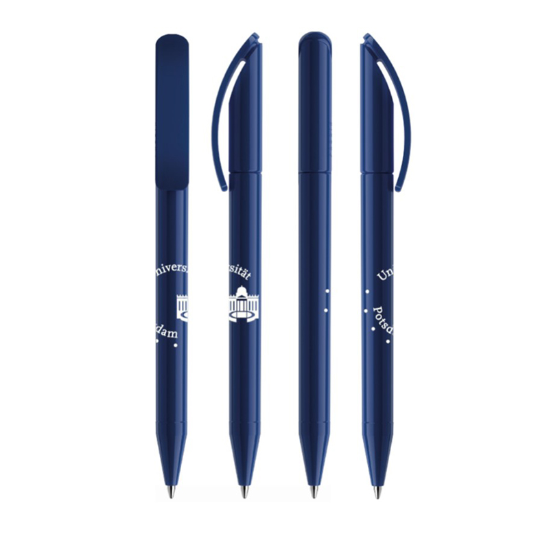 Kugelschreiber-logo. Abgebildet sind 4 blaue, Unilogo Kugelschreiber aus verschiedenen Perspektiven.