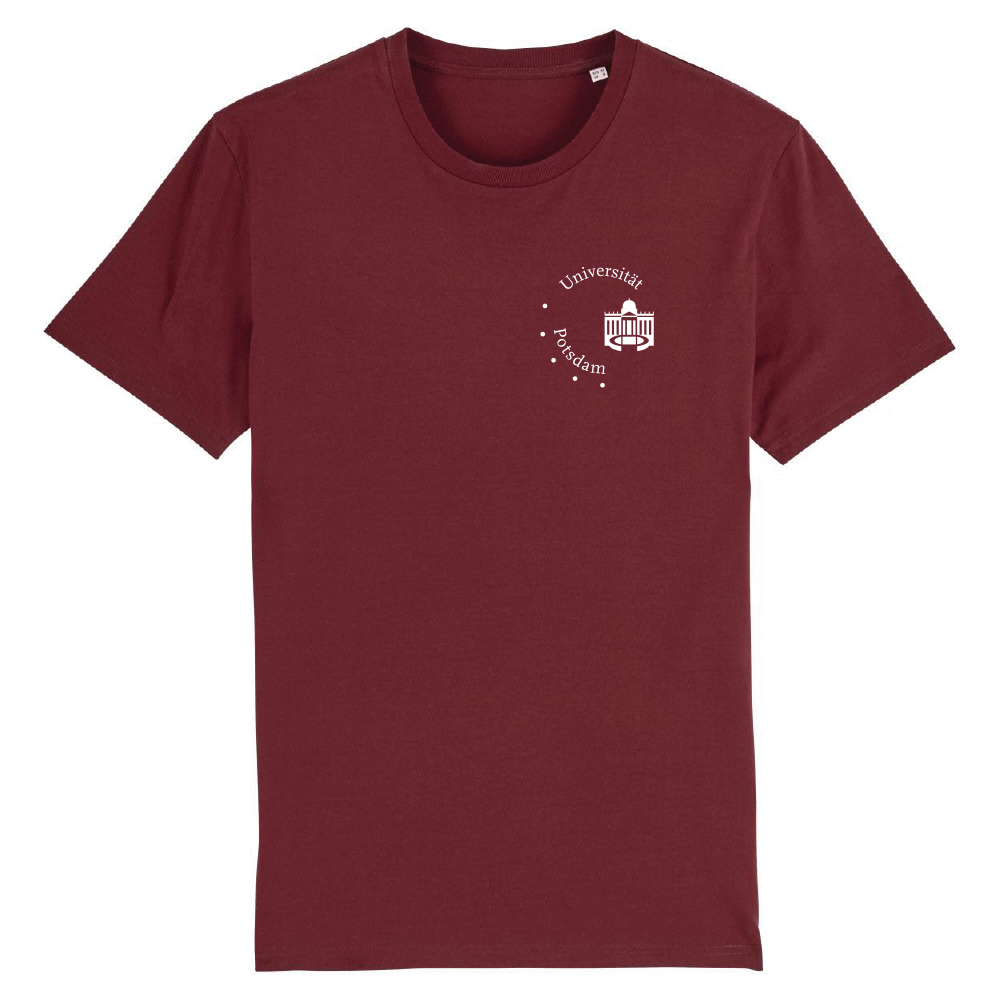 T-shirt-logo-burgundy. Abgebildet ist ein Logo T-shirt in der Farbe burgundy. Oben links auf dem T-shirt befindet sich das weiße Universitätslogo.