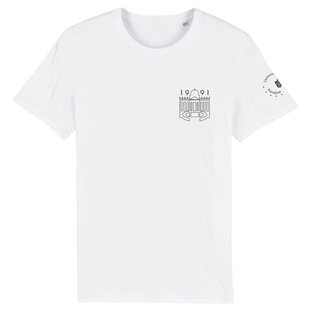 T-shirt Design D. Abgebildet ist ein weißes Design D T-shirt. An dem linken Ärmel befindet sich zusätzlich das Universitätslogo.